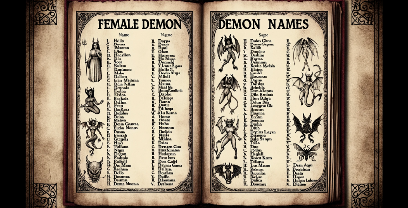 A leather-bound book displaying a comprehensive list of female demon names