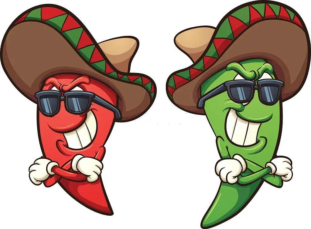 2 red and green Chillies Mexican Cartoon Characters