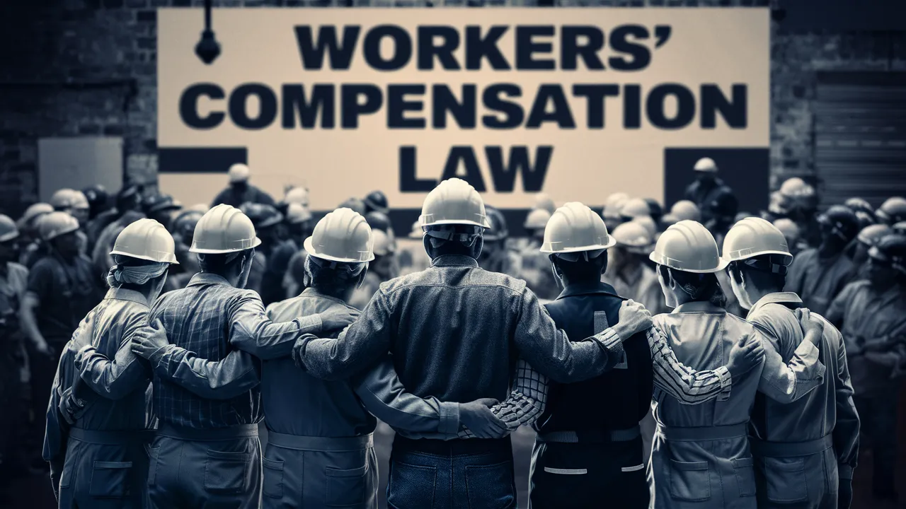 A thought-provoking photo of a group of workers standing together, symbolizing their unity in the face of workplace injuries and accidents. The workers wear hard hats and protective gear, emphasizing the dangers they face daily. In the background, there's a large poster with the words "Workers' Compensation Law" in bold letters, highlighting the importance of this legislation in providing support and protection for workers.